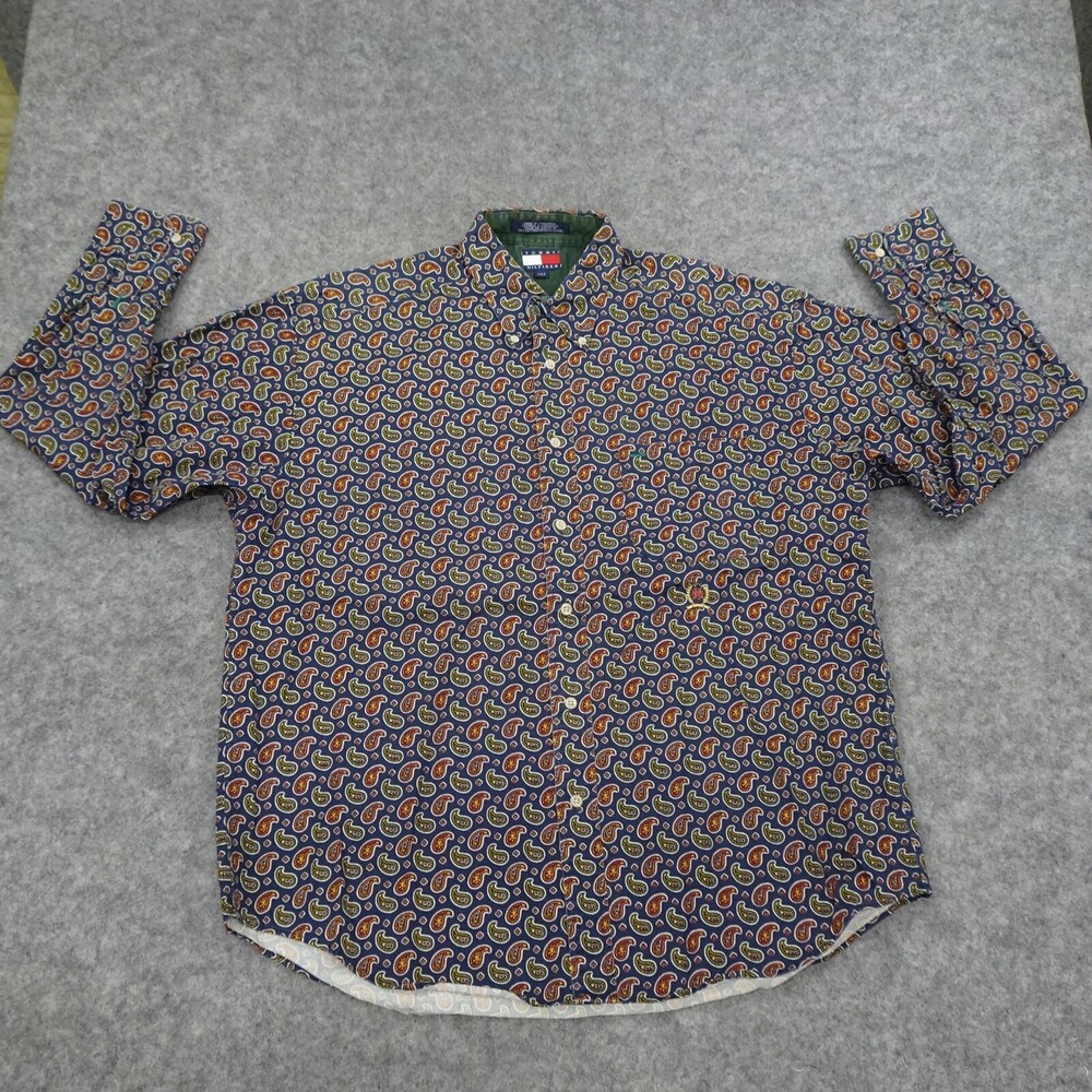Tommy Hilfiger Button Up Shirt Mens Large Blue Long Sleeve Classic Fit Paisley